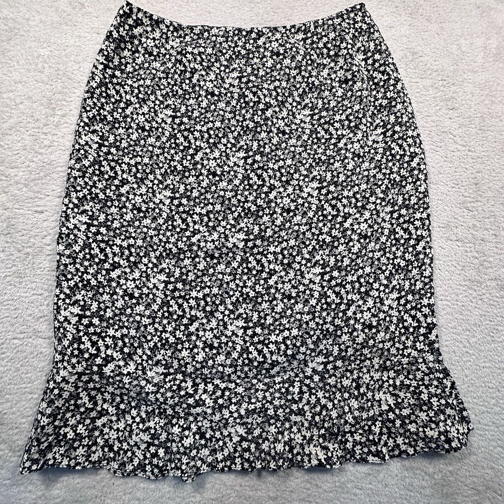 Vintage Jones Wear Floral Skirt‎ Ruffle Hem Women's Size 10 Black & White Lined